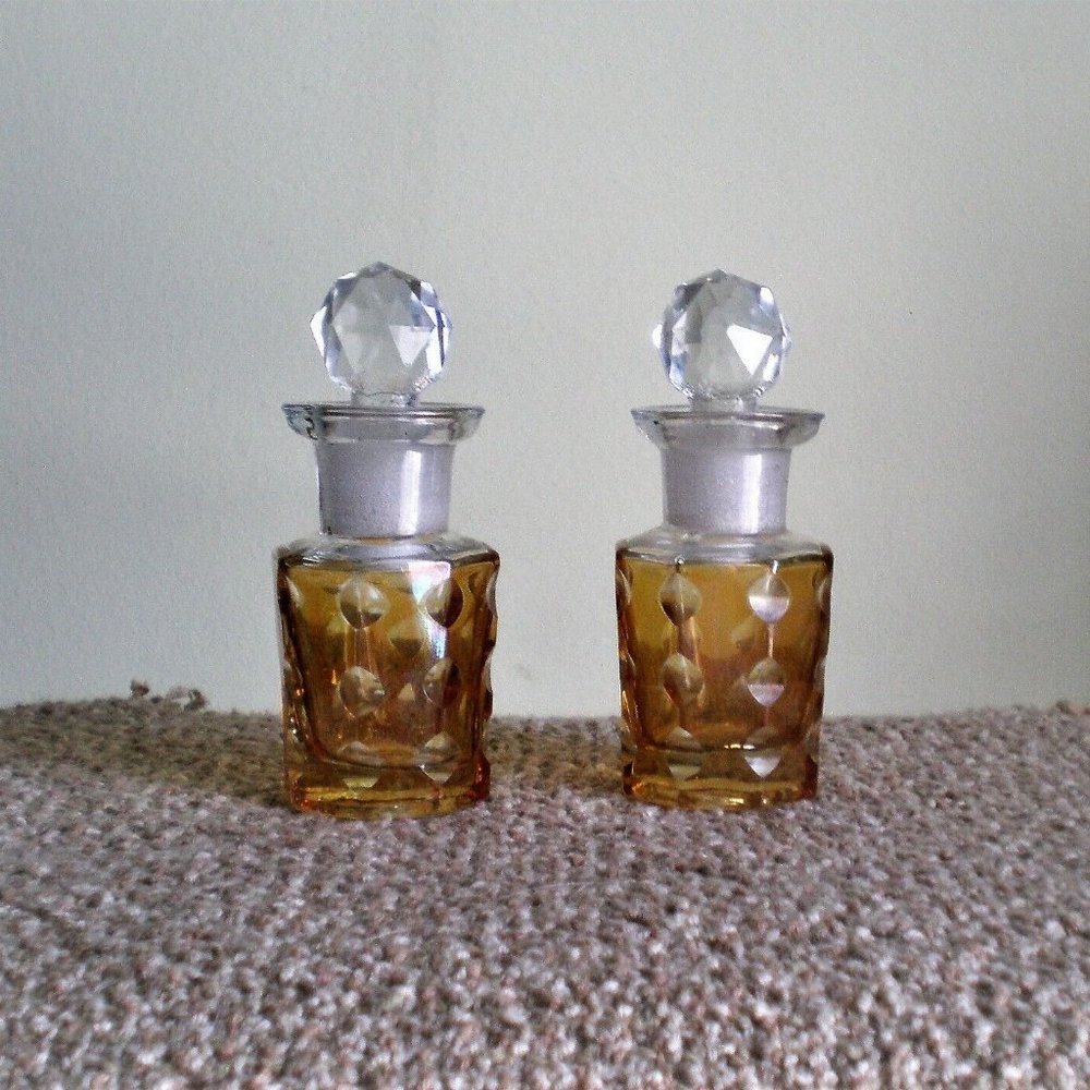 Vintage Czech Karl Palda Yellow Cut Glass Crystal Perfume Scent Bottle Set Of 2